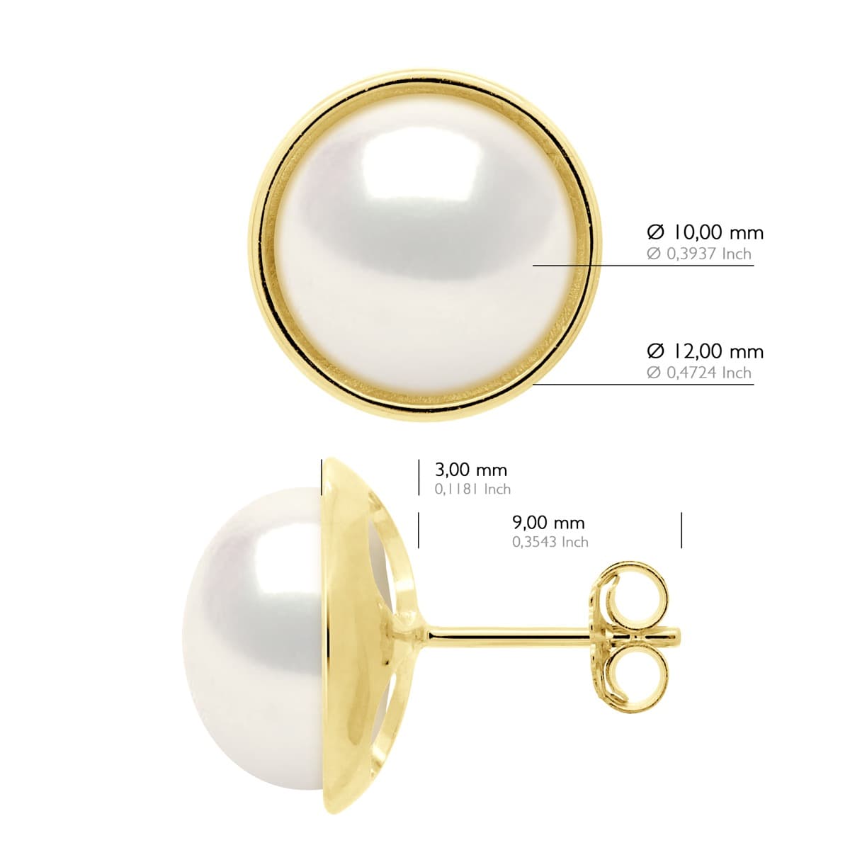 Boucles d'Oreilles Véritables Perles d'Eau Douce Bouton 10-11 mm — Or Jaune 375 Millièmes 3