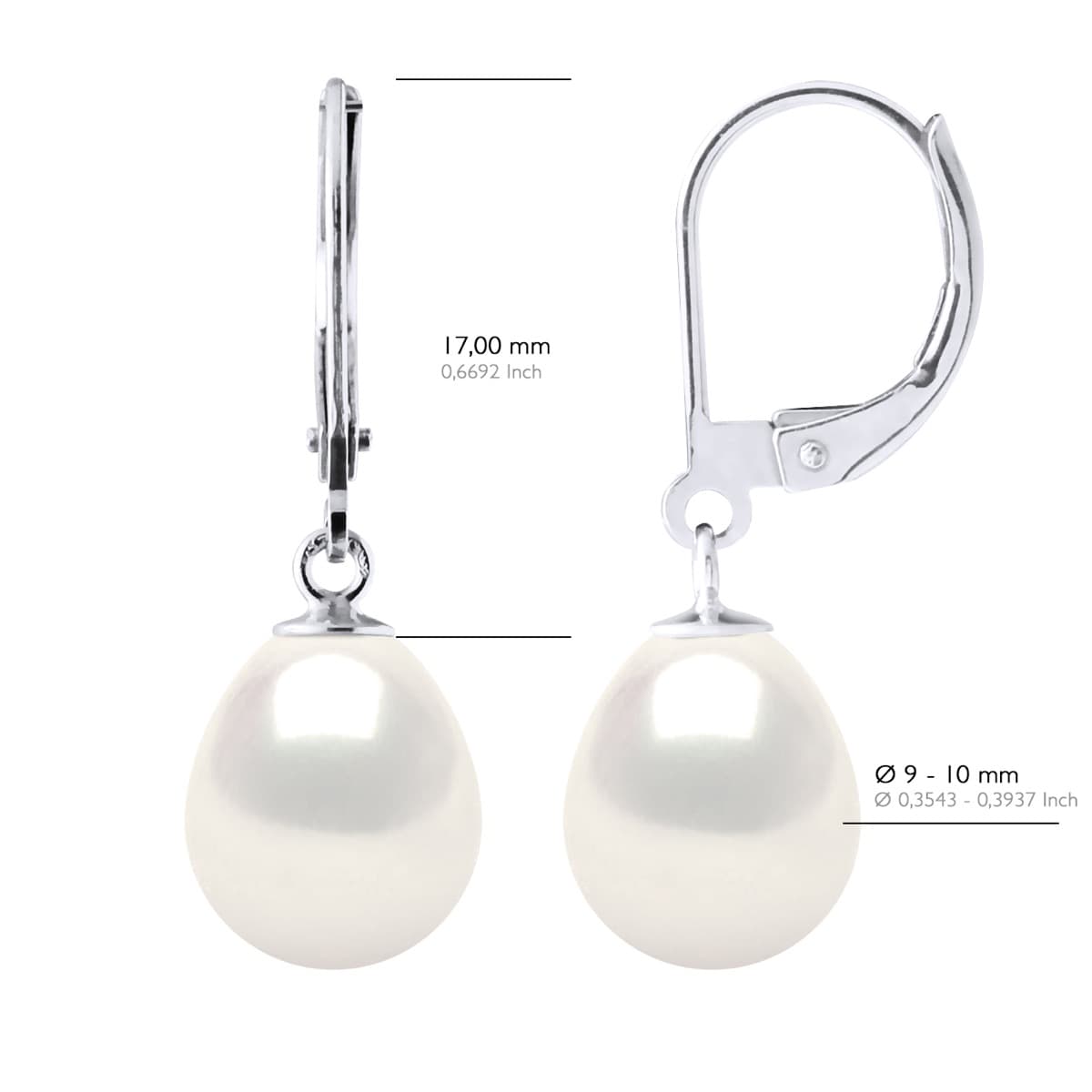 Boucles d'Oreilles Véritables Perles d'Eau Douce Poires 9-10 mm — Or Blanc 375 Millièmes 2