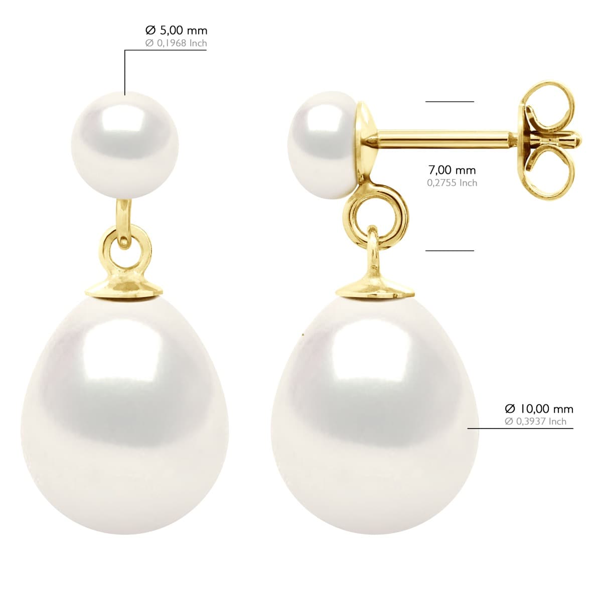 Boucles d'Oreilles Véritables Perles d'Eau Douce Poires 5-6 mm — Or Jaune 375 Millièmes 2