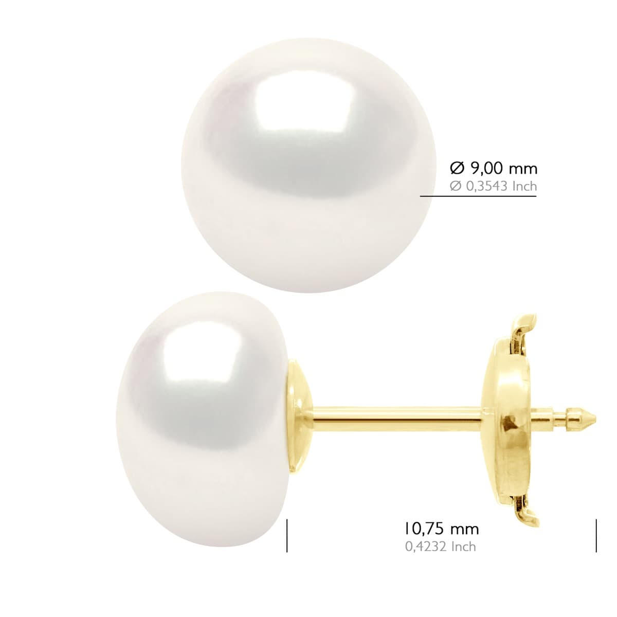 Boucles d'Oreilles Véritables Perles d'Eau Douce Bouton 9-10 mm — Or Jaune 375 Millièmes 3