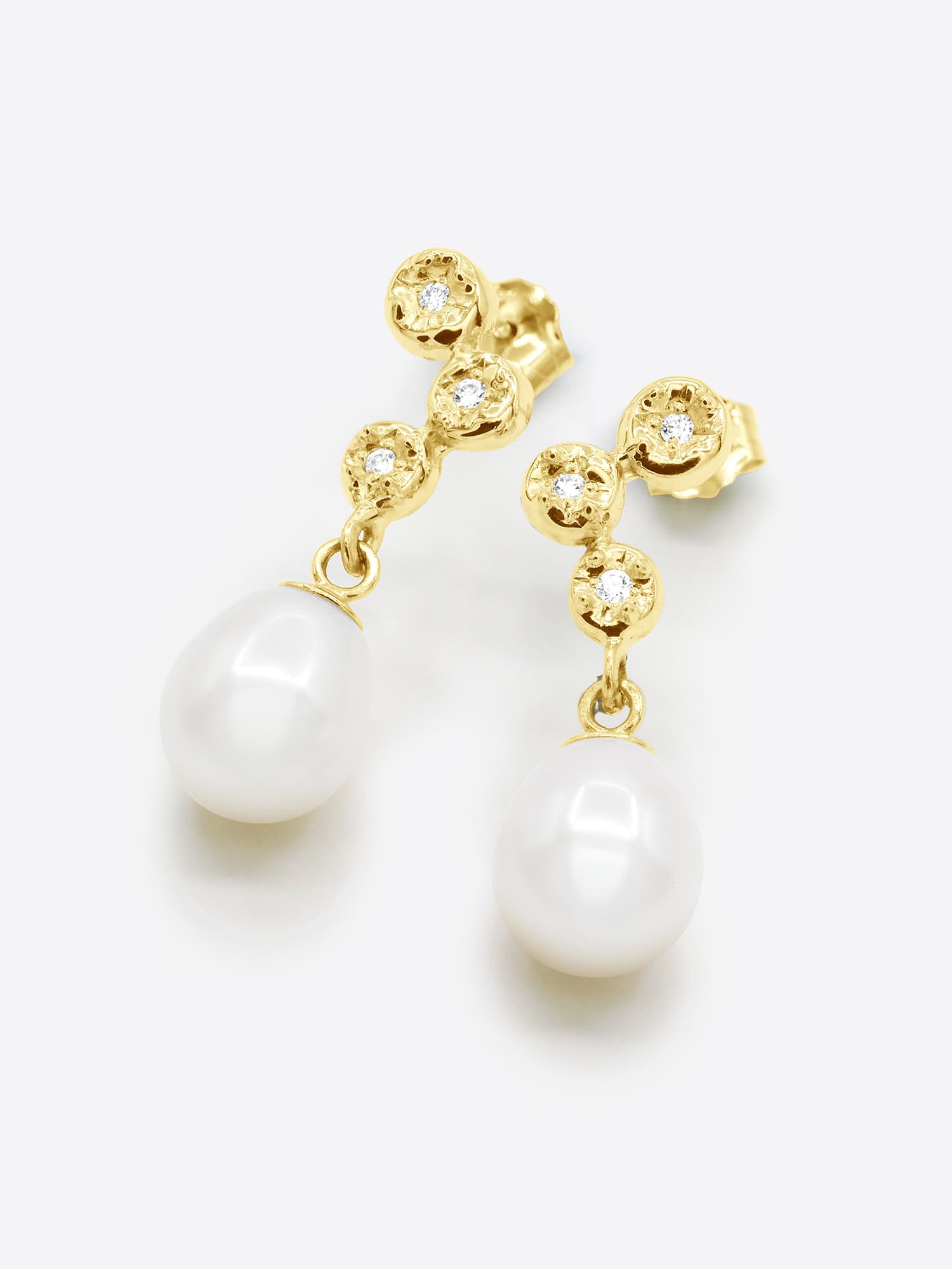 Boucles d'Oreilles Véritables Perles d'Eau Douce 9-10 mm Diamants 0.12 ct — Or Jaune 375 Millièmes 1