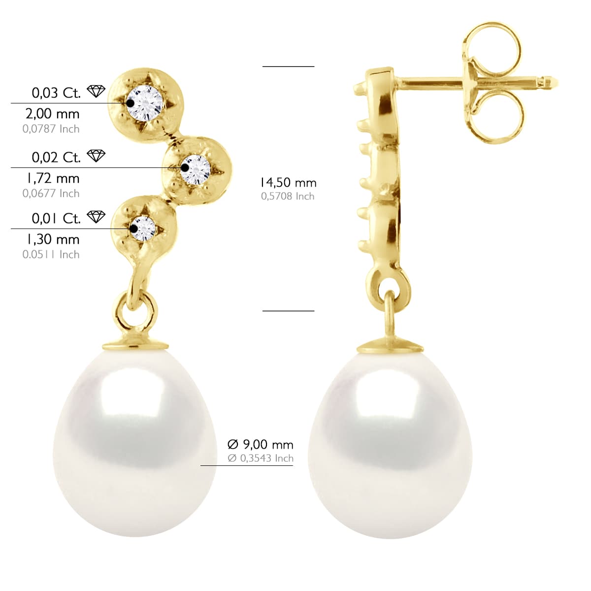 Boucles d'Oreilles Véritables Perles d'Eau Douce 9-10 mm Diamants 0.12 ct — Or Jaune 375 Millièmes 2