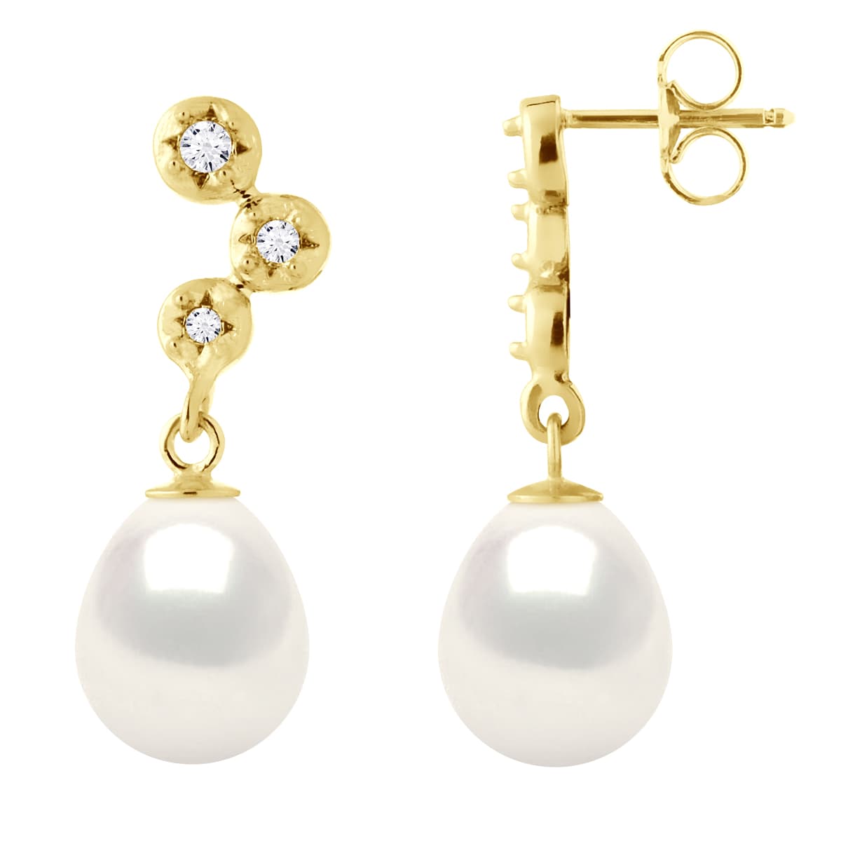 Boucles d'Oreilles Véritables Perles d'Eau Douce 9-10 mm Diamants 0.12 ct — Or Jaune 375 Millièmes 5