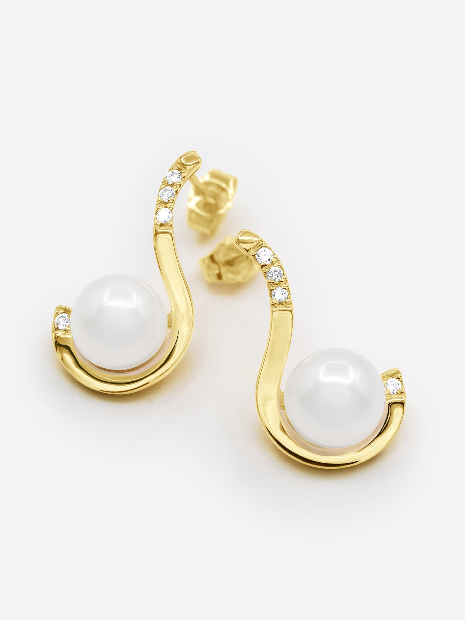 Boucles d'Oreilles Véritables Perles d'Eau Douce 7-8 mm Diamants 0.08 ct — Or Blanc 375 Millièmes 1