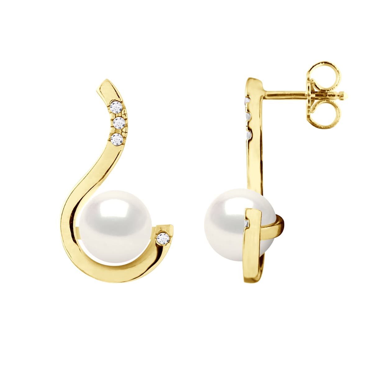 Boucles d'Oreilles Véritables Perles d'Eau Douce 7-8 mm Diamants 0.08 ct — Or Blanc 375 Millièmes 2