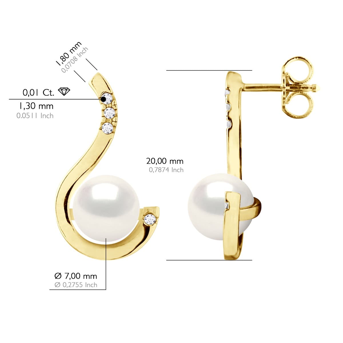 Boucles d'Oreilles Véritables Perles d'Eau Douce 7-8 mm Diamants 0.08 ct — Or Blanc 375 Millièmes 3