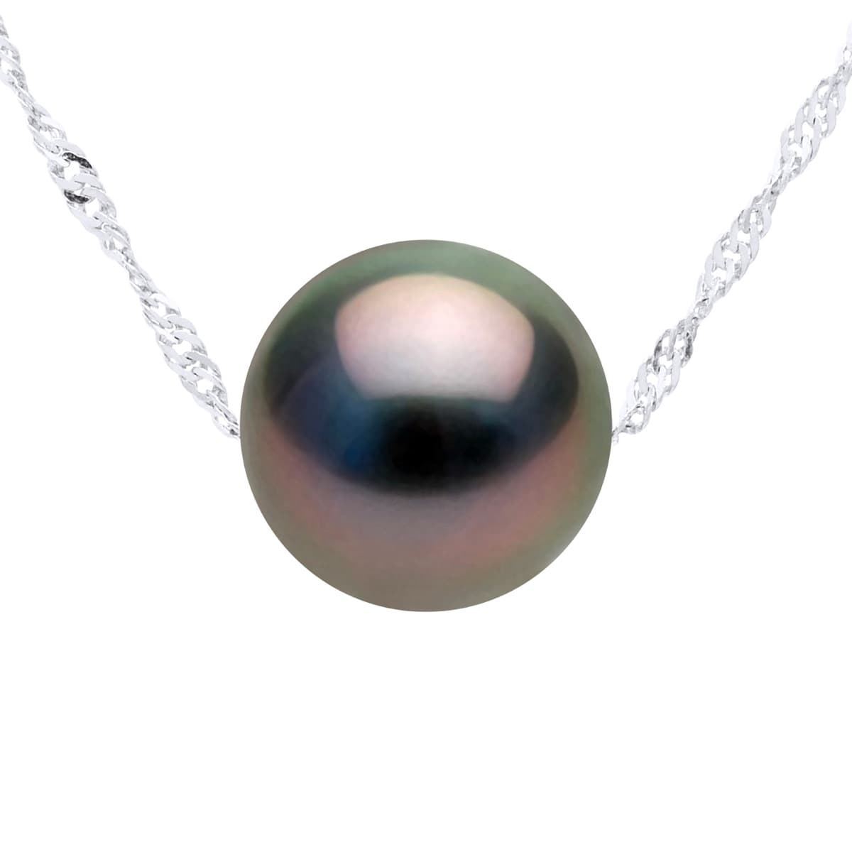 Collier Maille Singapour Véritable Perle de Tahiti Ronde 9-10 mm — Or Blanc 750 Millièmes — 42 cm 1