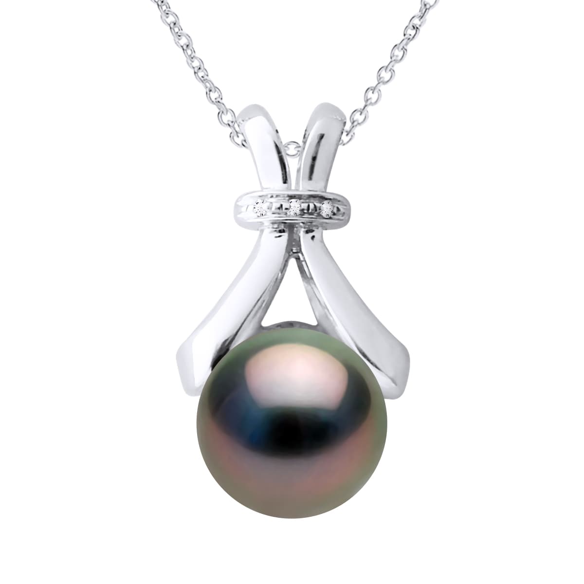 Collier Véritable Perle de Tahiti Ronde 7-8 mm Diamant 0.01 ct — Or Blanc 375 Millièmes — 42 cm 1