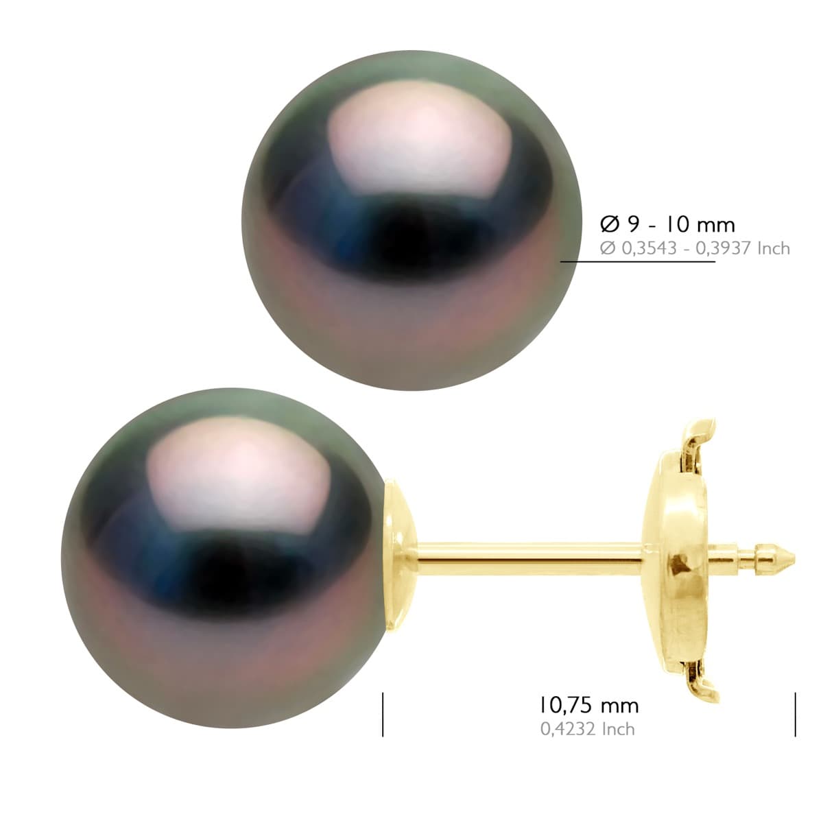 Boucles d'Oreilles Véritables Perles de Tahiti Rondes 9-10 mm — Or Jaune 375 Millièmes 2