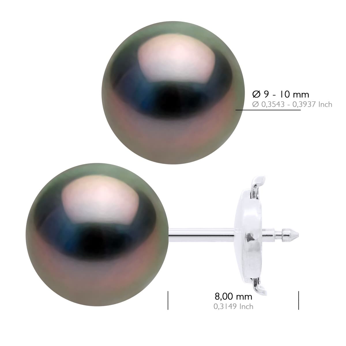 Boucles d'Oreilles Véritables Perles de Tahiti Rondes 9-10 mm — Or Blanc 375 Millièmes 2