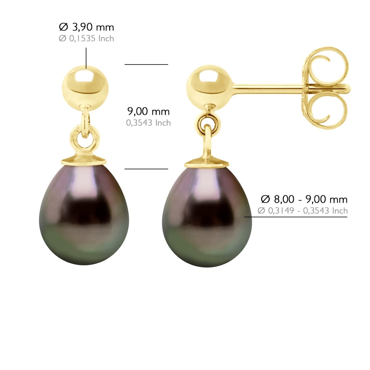 Boucles d'Oreilles Véritables Perles de Tahiti Poires 8-9 mm — Or Jaune 375 Millièmes 2