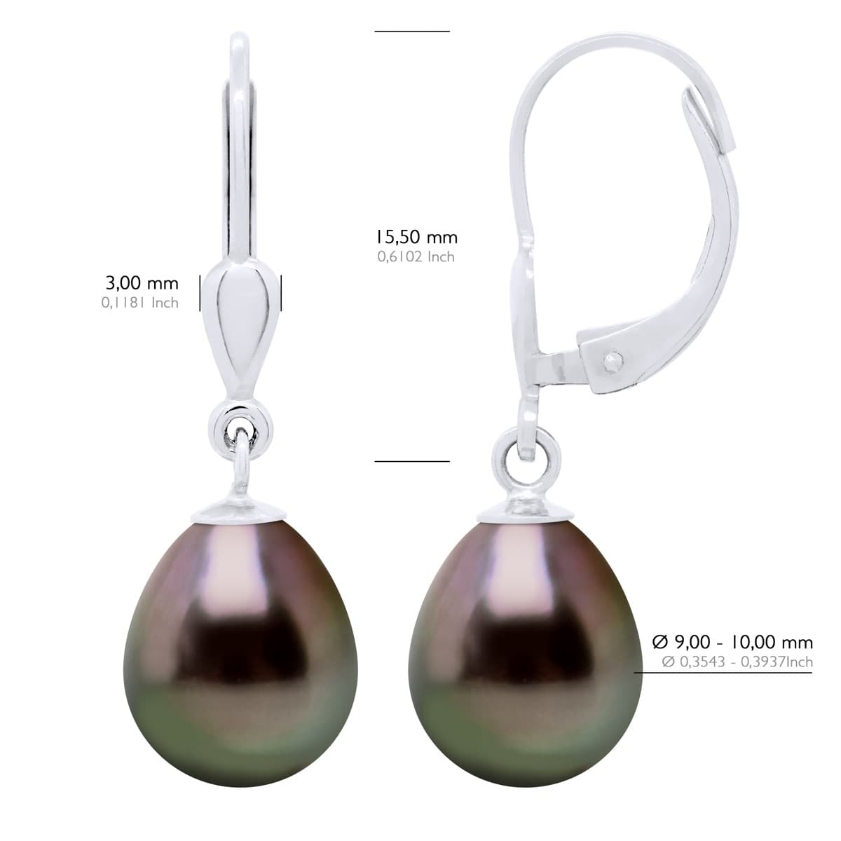 Boucles d'Oreilles Véritables Perles de Tahiti Poires 9-10 mm — Or Blanc 375 Millièmes 2