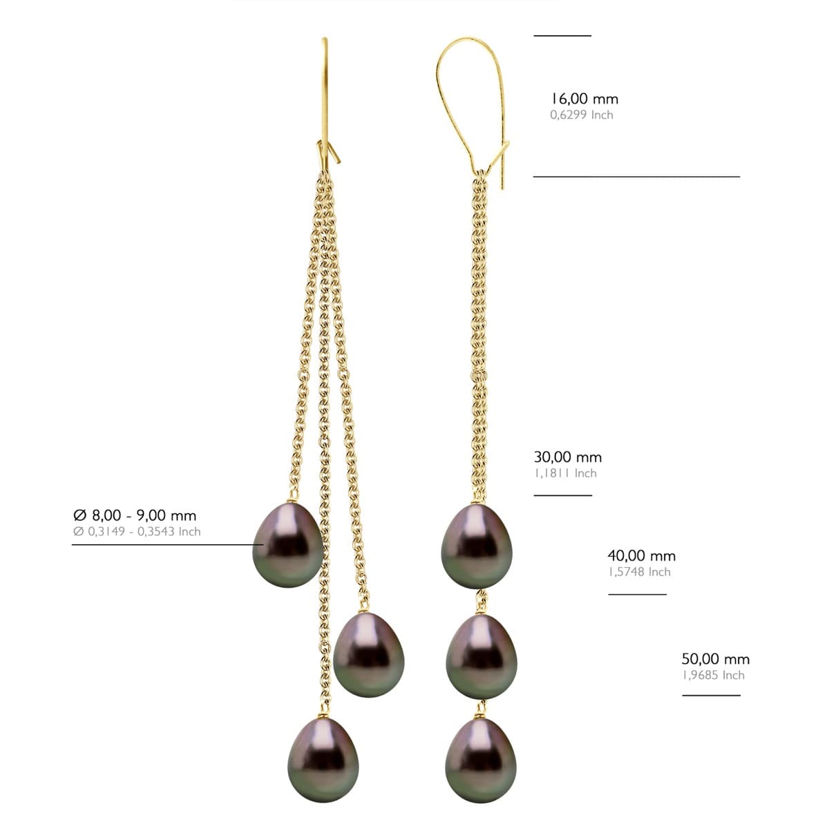 Boucles d'Oreilles Véritables Perles de Tahiti Poires 8-9 mm — Or Jaune 375 Millièmes 2