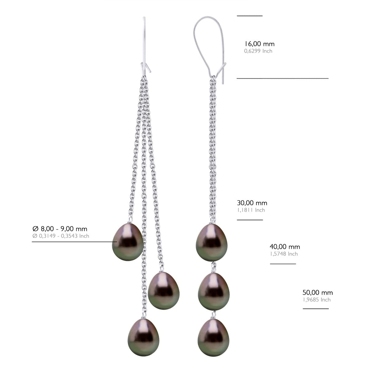 Boucles d'Oreilles Véritables Perles de Tahiti Poires 8-9 mm — Or Blanc 375 Millièmes 2