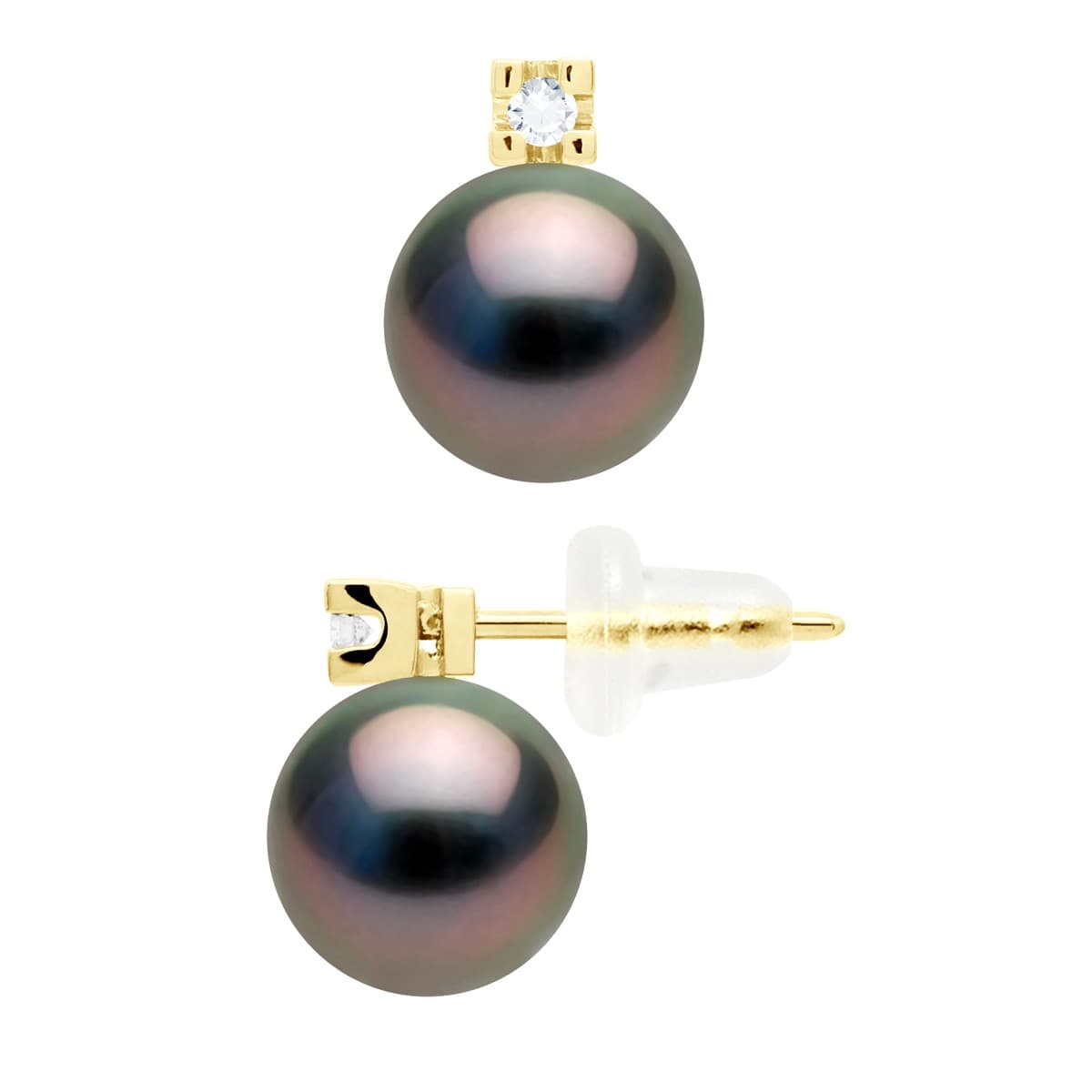 Boucles d'Oreilles Véritables Perles de Tahiti 8-9 mm Diamants 0.04 ct — Or Jaune 750 Millièmes 1