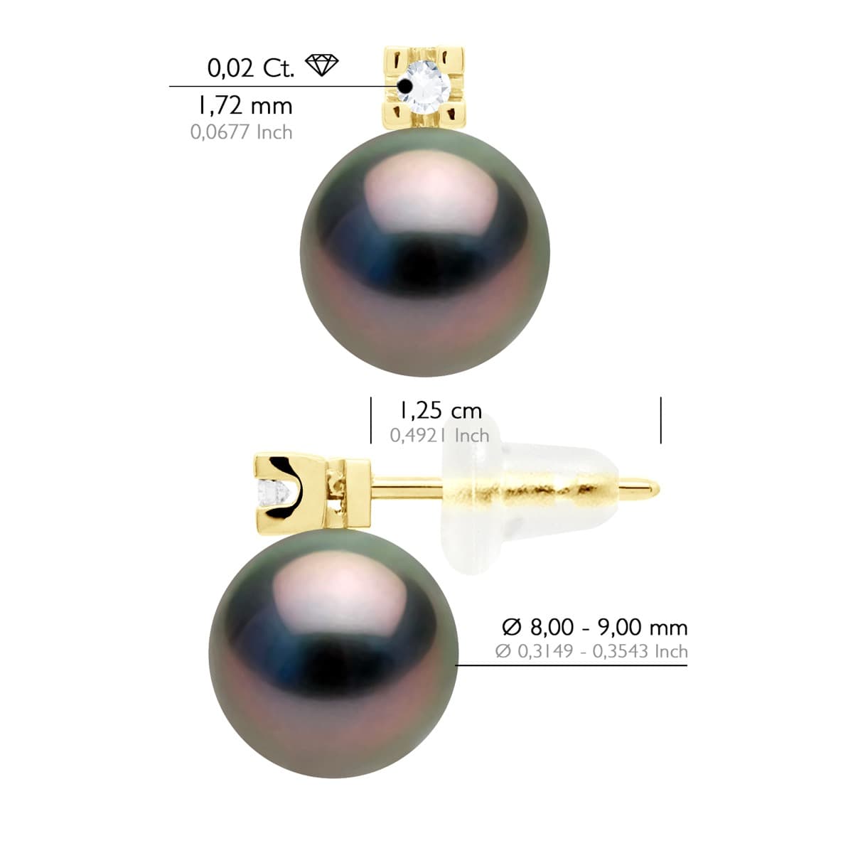 Boucles d'Oreilles Véritables Perles de Tahiti 8-9 mm Diamants 0.04 ct — Or Jaune 750 Millièmes 2