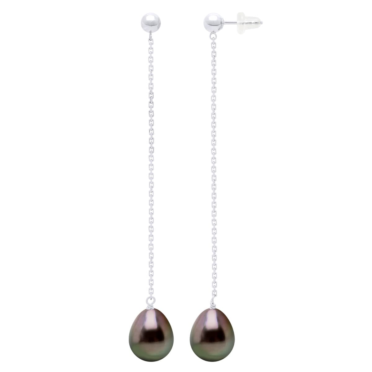 Boucles d'Oreilles Véritables Perles de Tahiti 9-10 mm Diamants 0.04 ct — Or Blanc 375 Millièmes 1