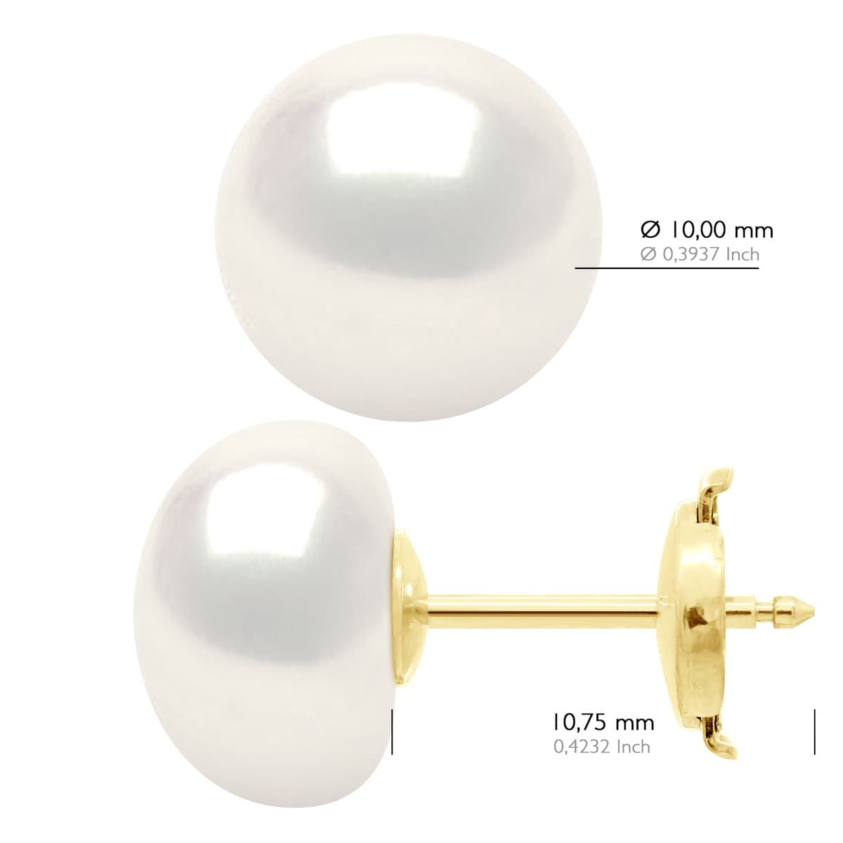 Boucles d'Oreilles Véritables Perles d'Eau Douce Bouton 10-11 mm — Or Jaune 375 Millièmes 2