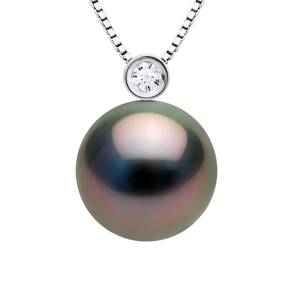 Collier Véritable Perle de Tahiti Ronde 10-11 mm Diamant 0.02 ct — Or Blanc 750 Millièmes — 42 cm 1