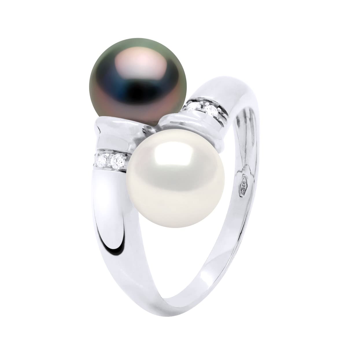 Bague Toi & Moi Perles d'Eau Douce et de Tahiti 8-9 mm Diamants 0.06 ct — Or Blanc 375 Millièmes 1