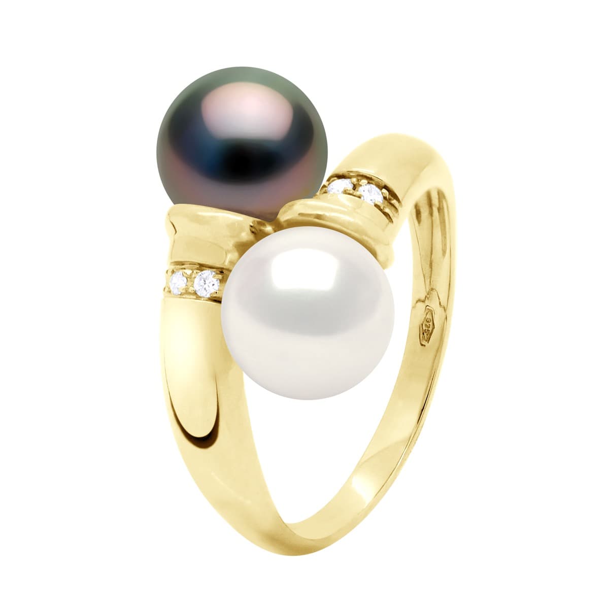 Bague Toi & Moi Perles d'Eau Douce et de Tahiti 8-9 mm Diamants 0.06 ct — Or Jaune 375 Millièmes 1