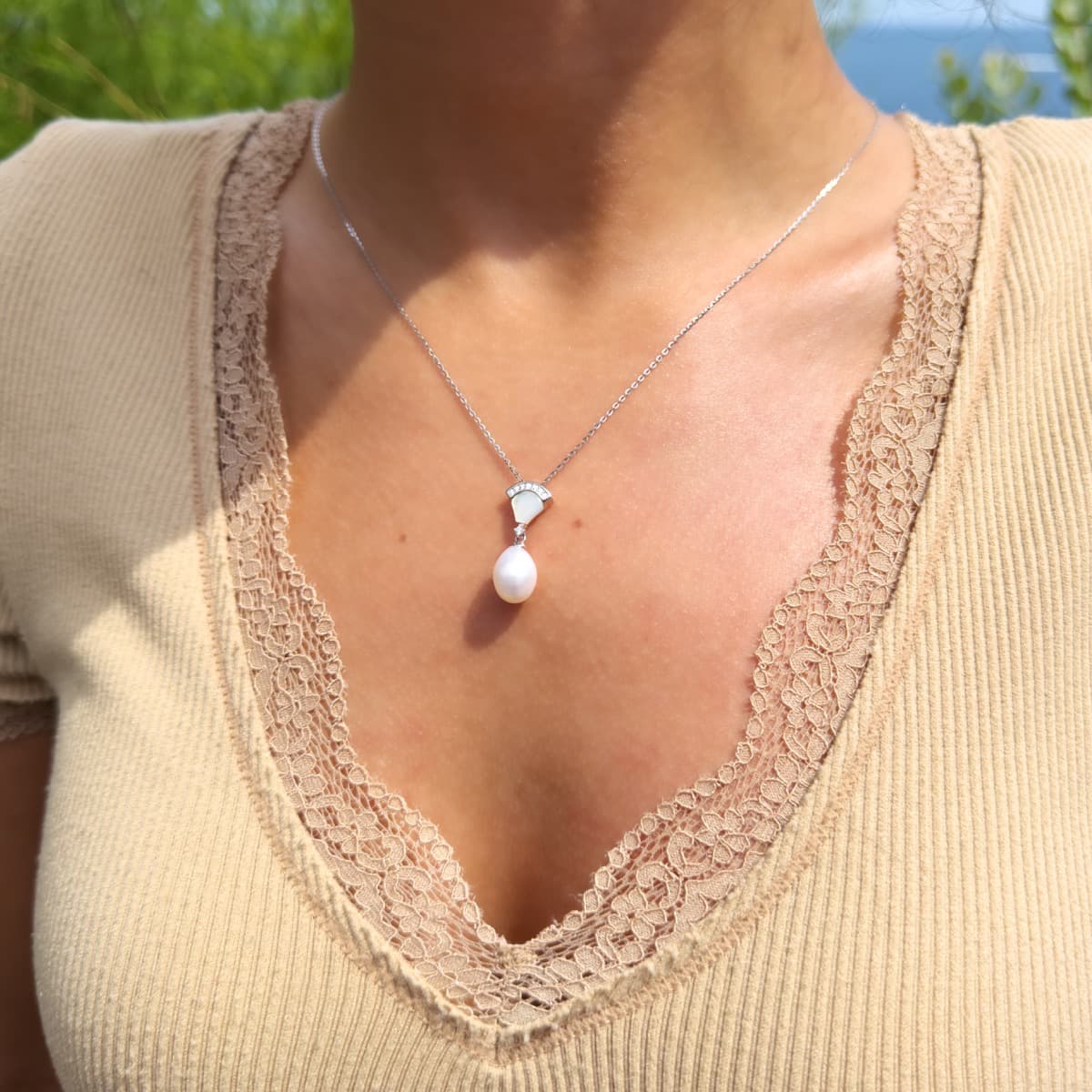 Collier Maille Forçat Véritable Perle d'Eau Douce Ovale 8-9 mm — Argent 925 Millièmes Rhodié — 42 cm 3