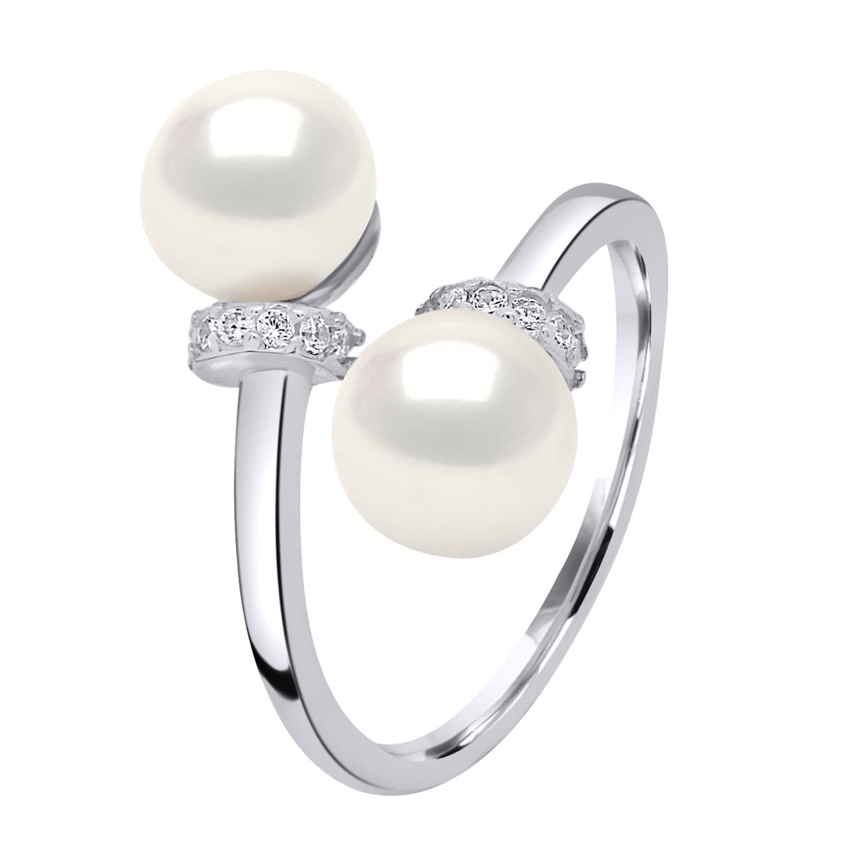 Bague Toi & Moi Véritables Perles d'Eau Douce Boutons 7-8 mm — Argent 925 Millièmes Rhodié 1