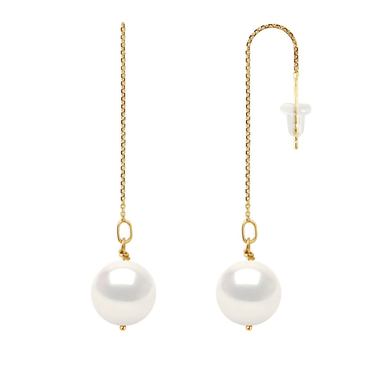 Boucles d'Oreilles Pendantes Véritables Perles d'Eau Douce Rondes 9-10 mm — Or Jaune 375 Millièmes 1