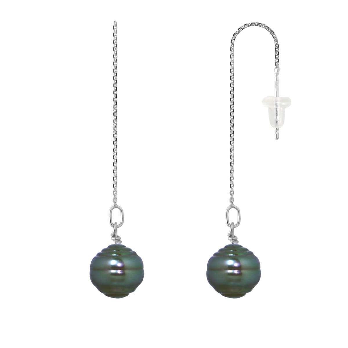 Boucles d'Oreilles Pendantes Véritables Perles de Tahiti Cerclées 9-10 mm — Or Blanc 375 Millièmes 1