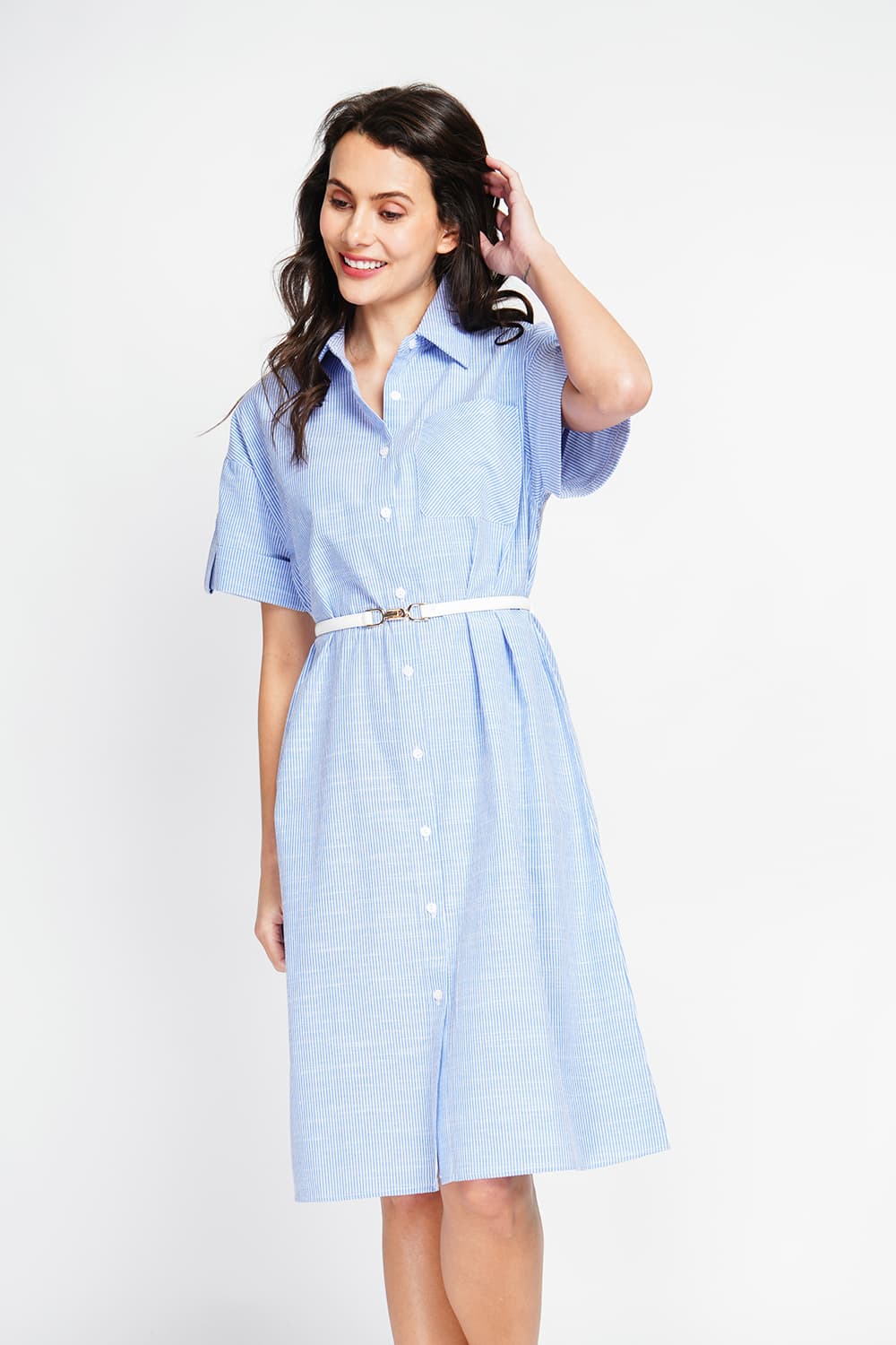 Robe longue chemise boutonnée devant à manche court à rayure 1