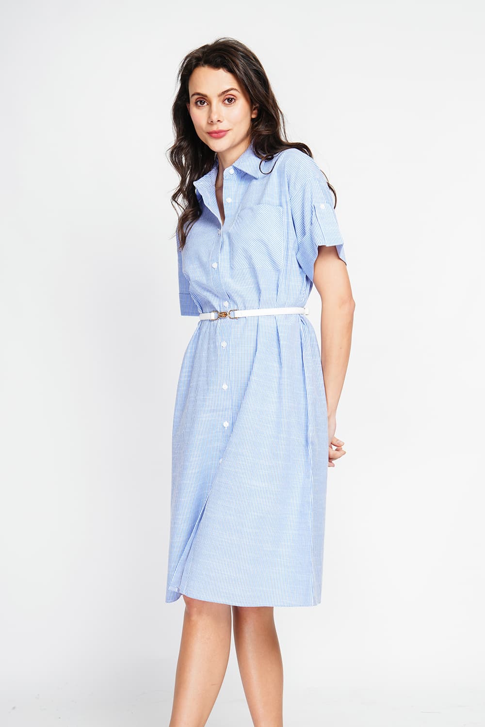 Robe longue chemise boutonnée devant à manche court à rayure 2