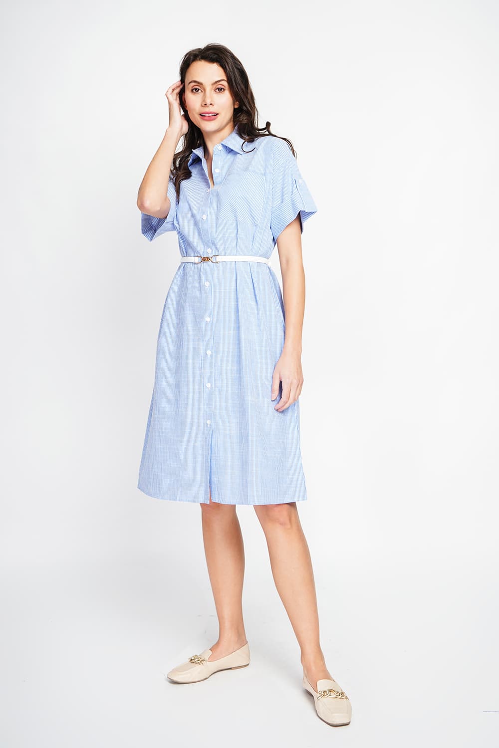 Robe longue chemise boutonnée devant à manche court à rayure 3