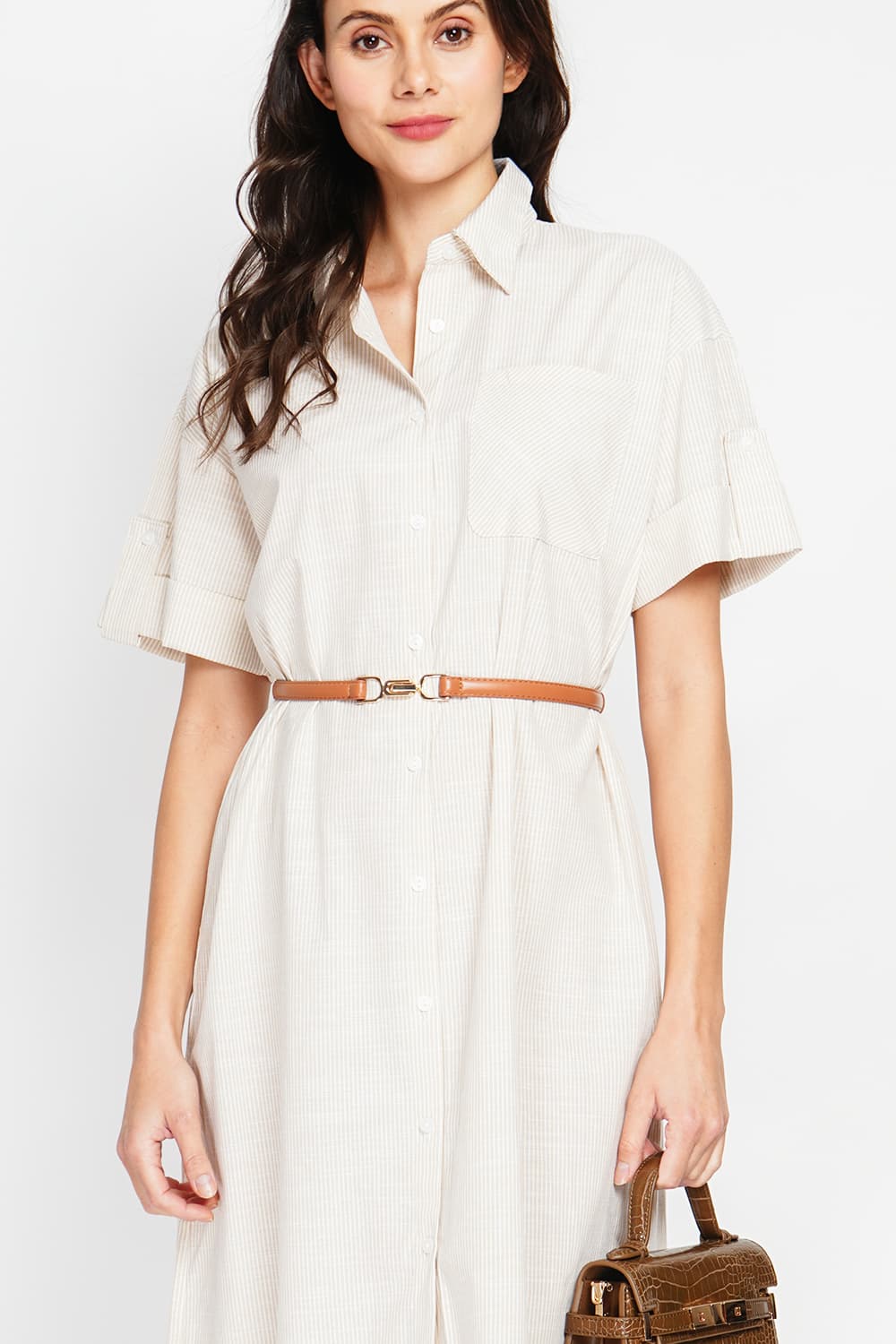 Robe longue chemise boutonnée devant à manche court à rayure 8