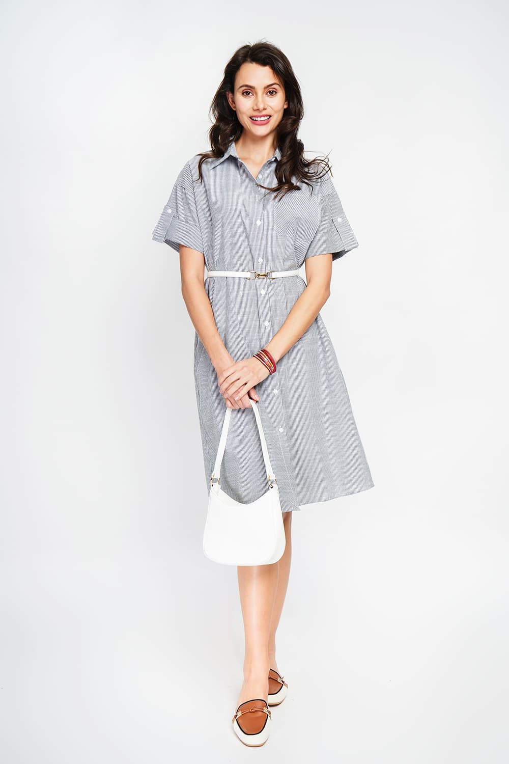 Robe longue chemise boutonnée devant à manche court à rayure 12