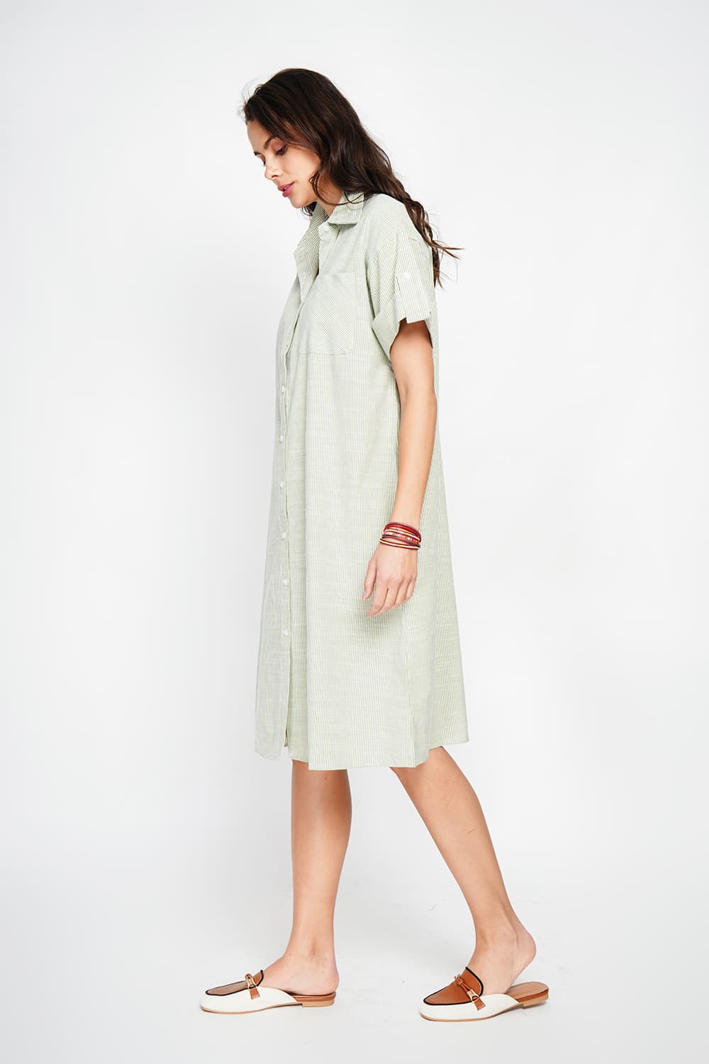 Robe longue chemise boutonnée devant à manche court à rayure 13