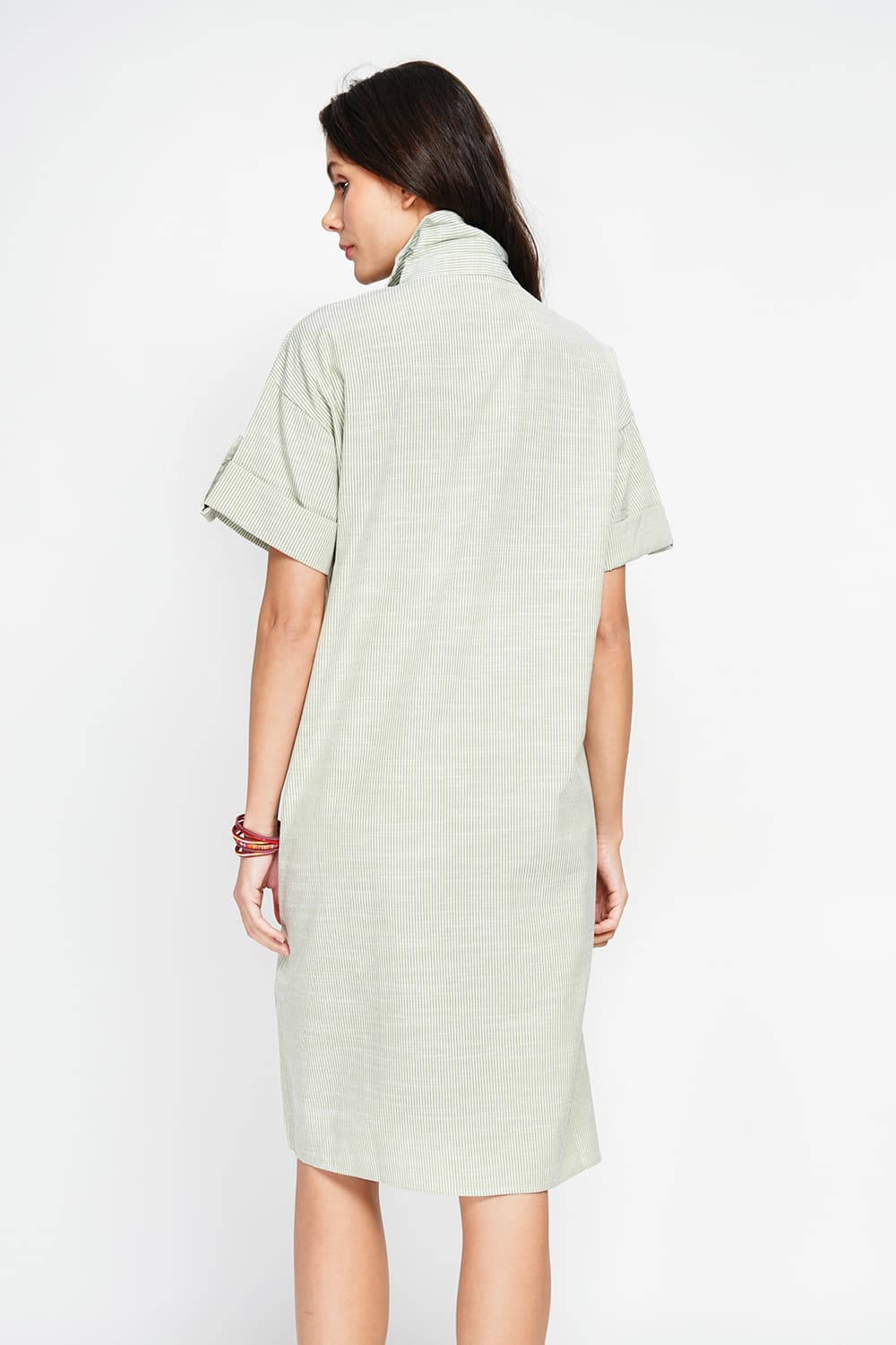 Robe longue chemise boutonnée devant à manche court à rayure 14