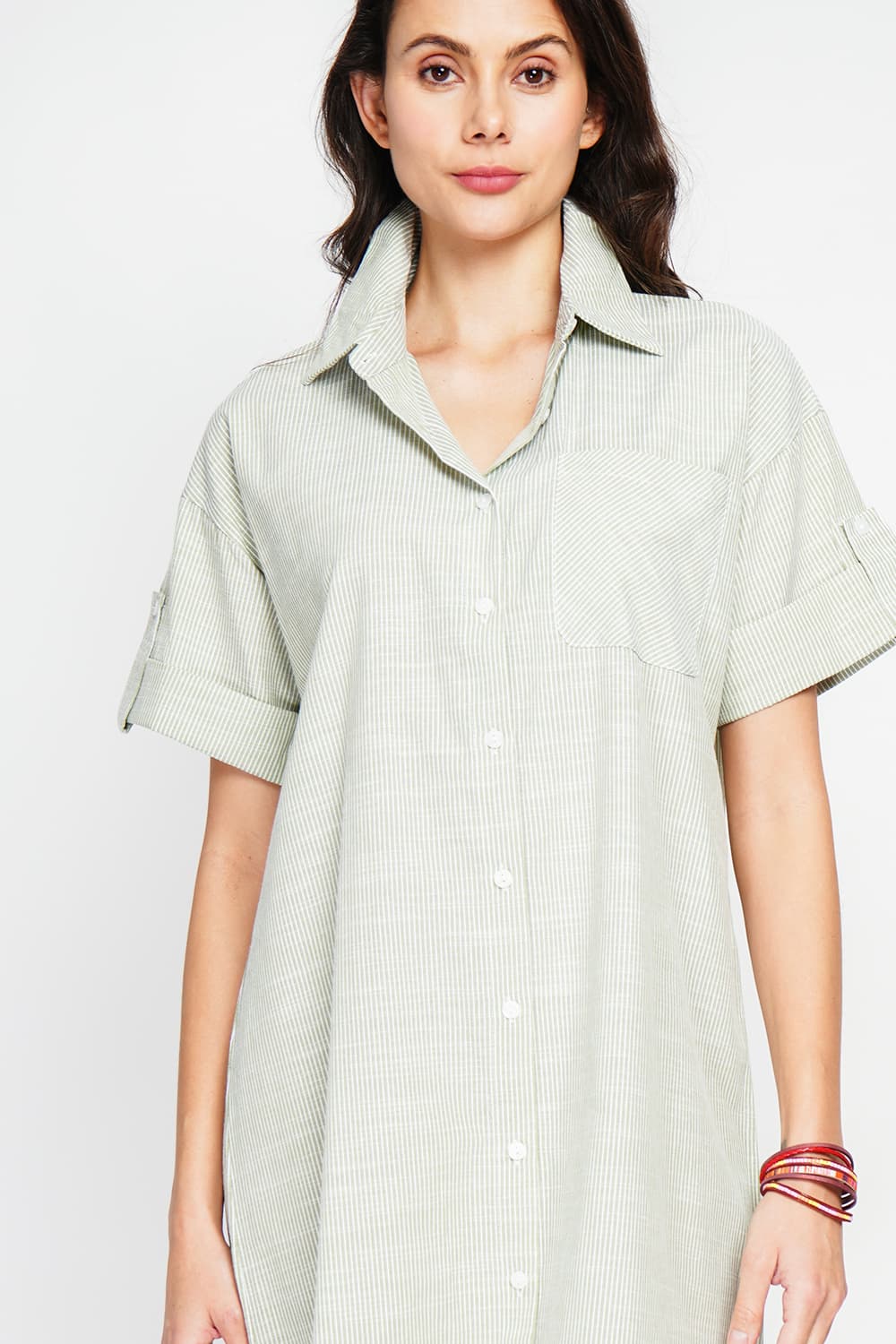 Robe longue chemise boutonnée devant à manche court à rayure 15