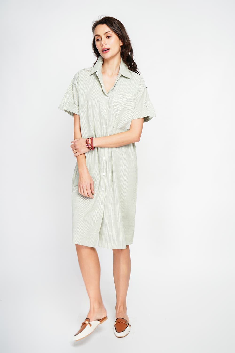 Robe longue chemise boutonnée devant à manche court à rayure 16