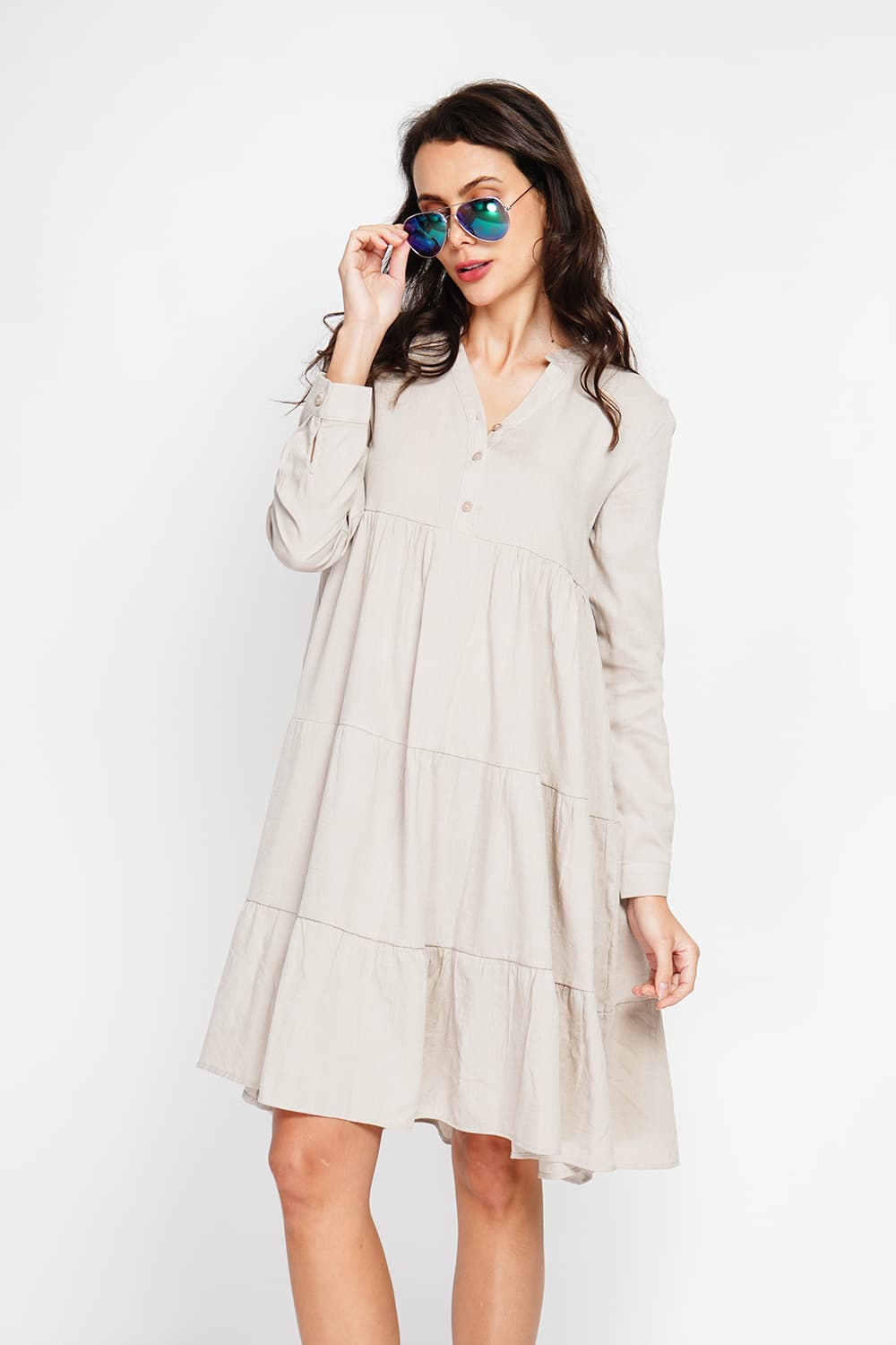 Robe col tunisien évasée plie devant à manches longueur 1