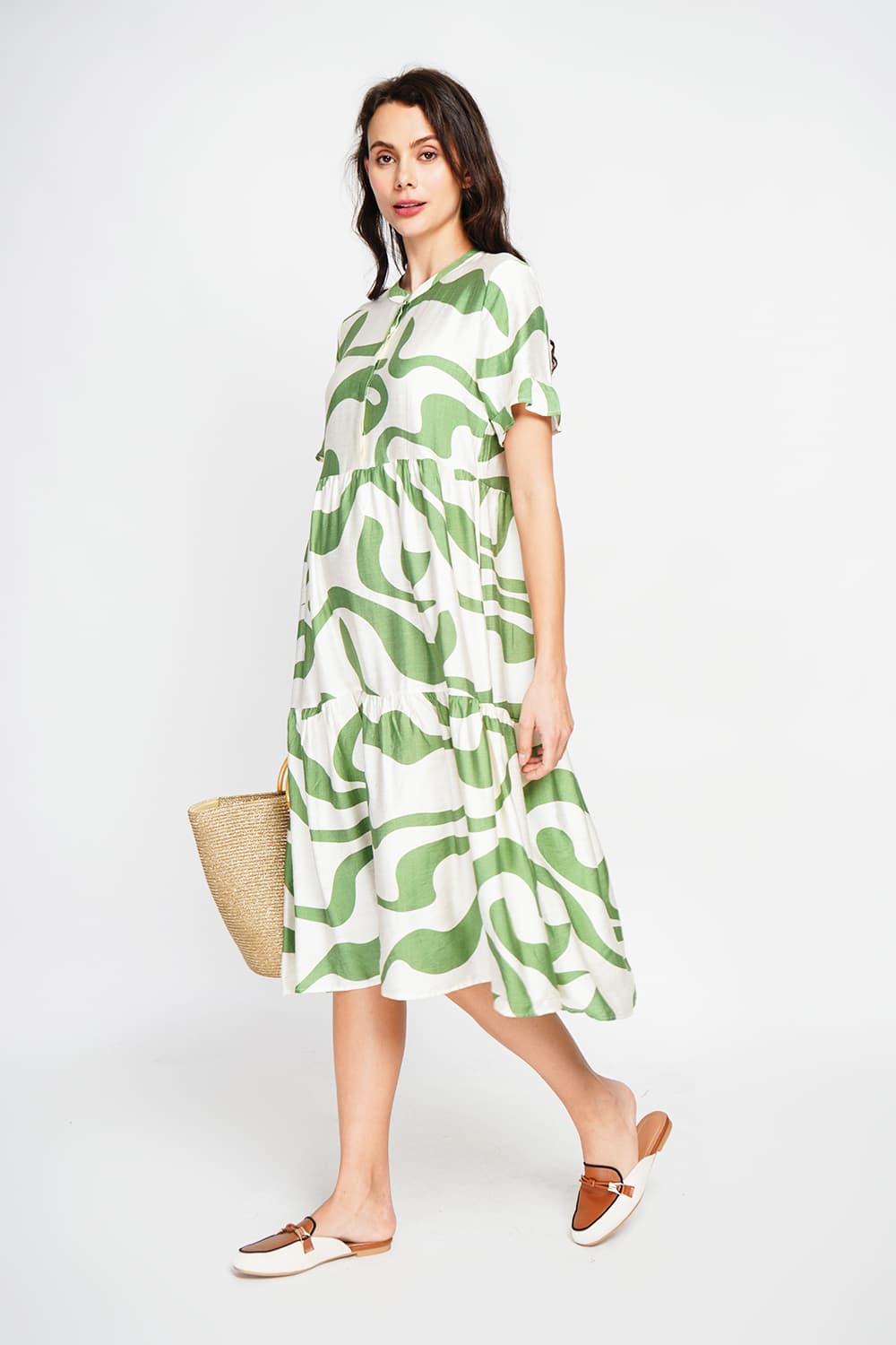 Robe midi col tunisien boutonné devant à manches courte 10