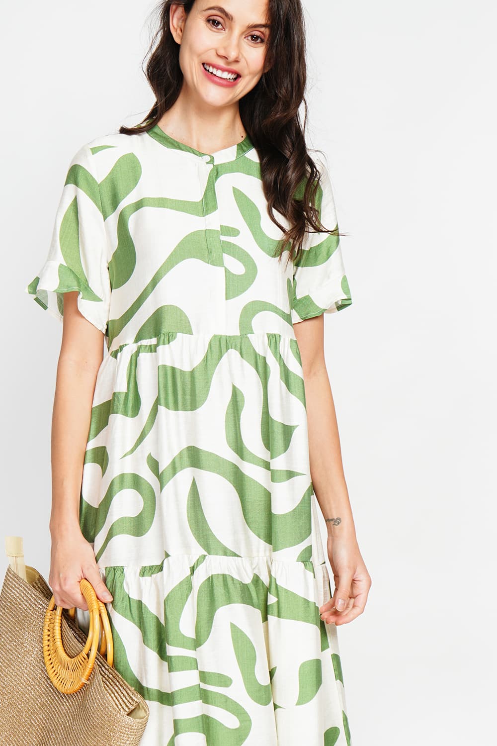 Robe midi col tunisien boutonné devant à manches courte 12