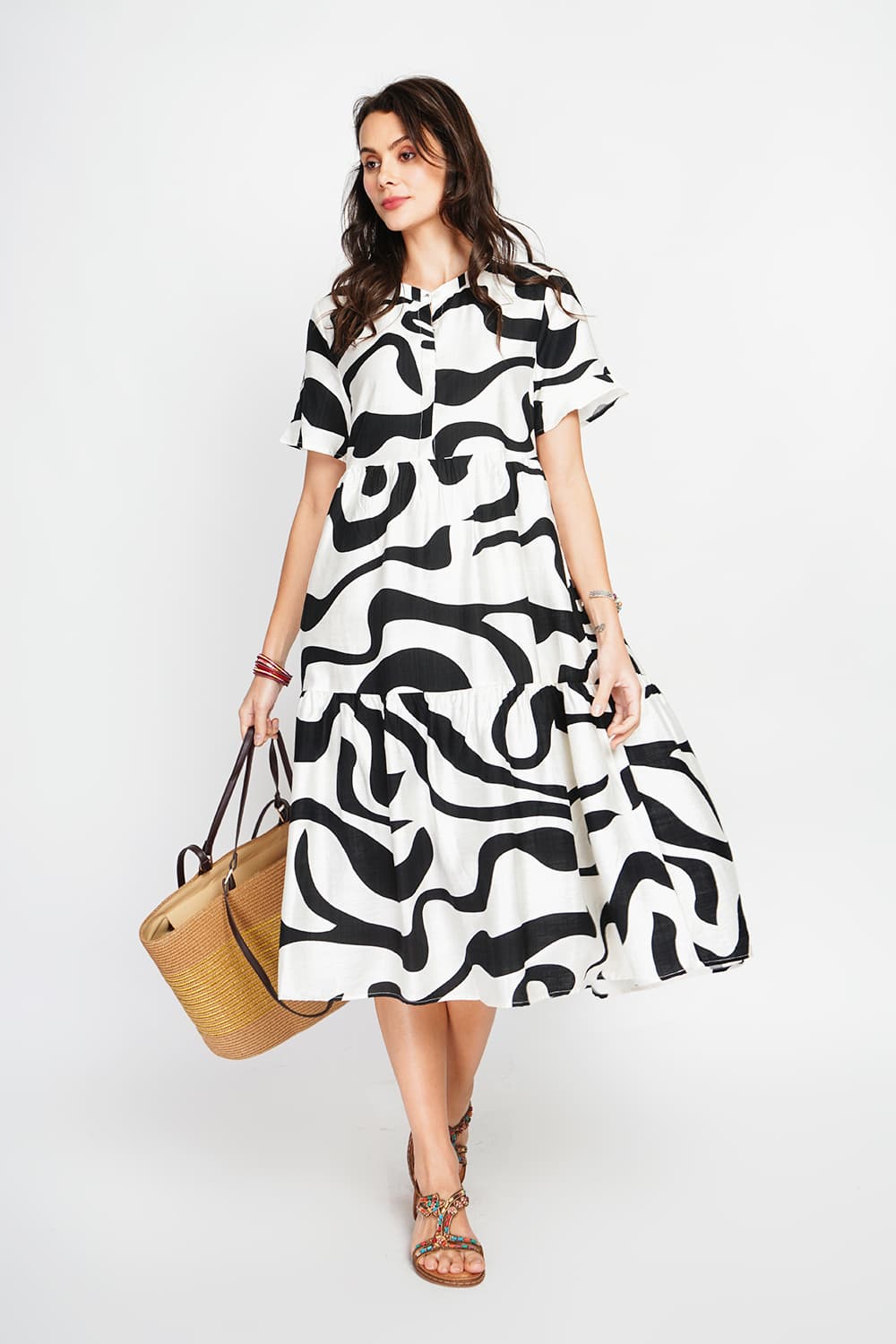 Robe midi col tunisien boutonné devant à manches courte 1