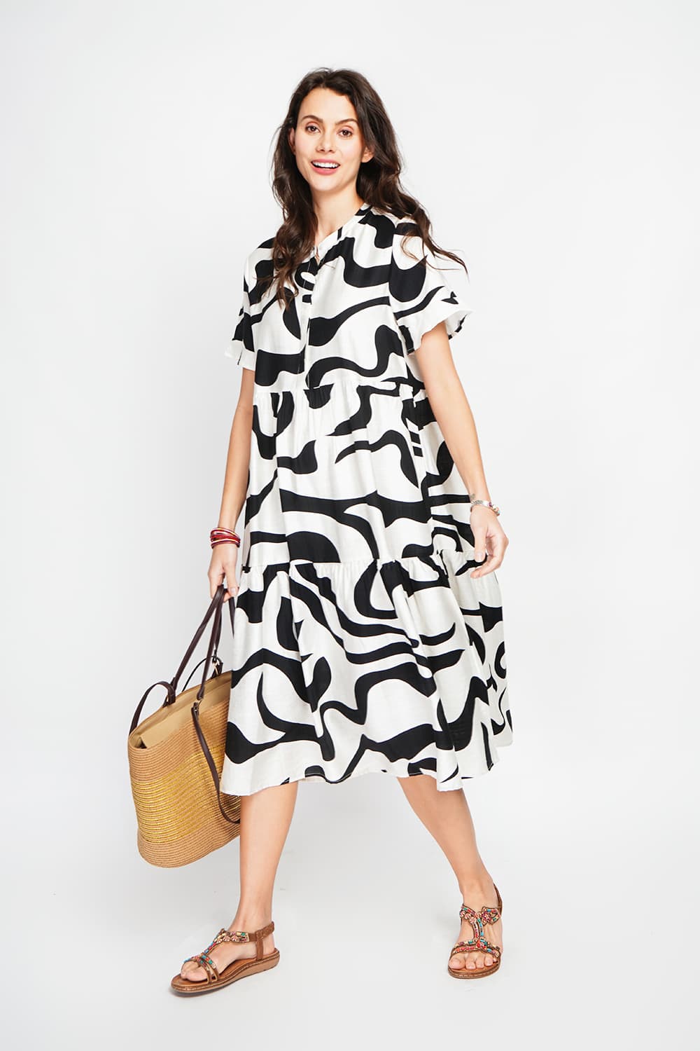 Robe midi col tunisien boutonné devant à manches courte 3