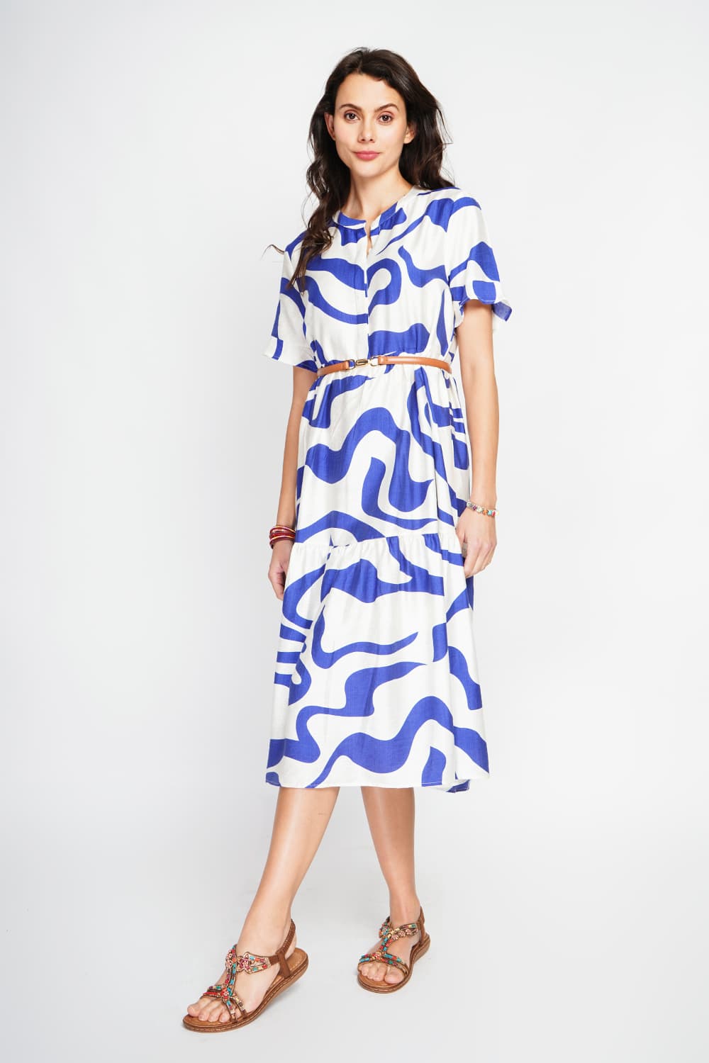 Robe midi col tunisien boutonné devant à manches courte 5
