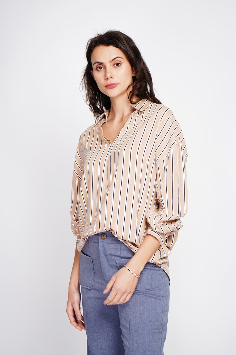 Tunique col chemise en trapèze en rayure à manche longueur 5