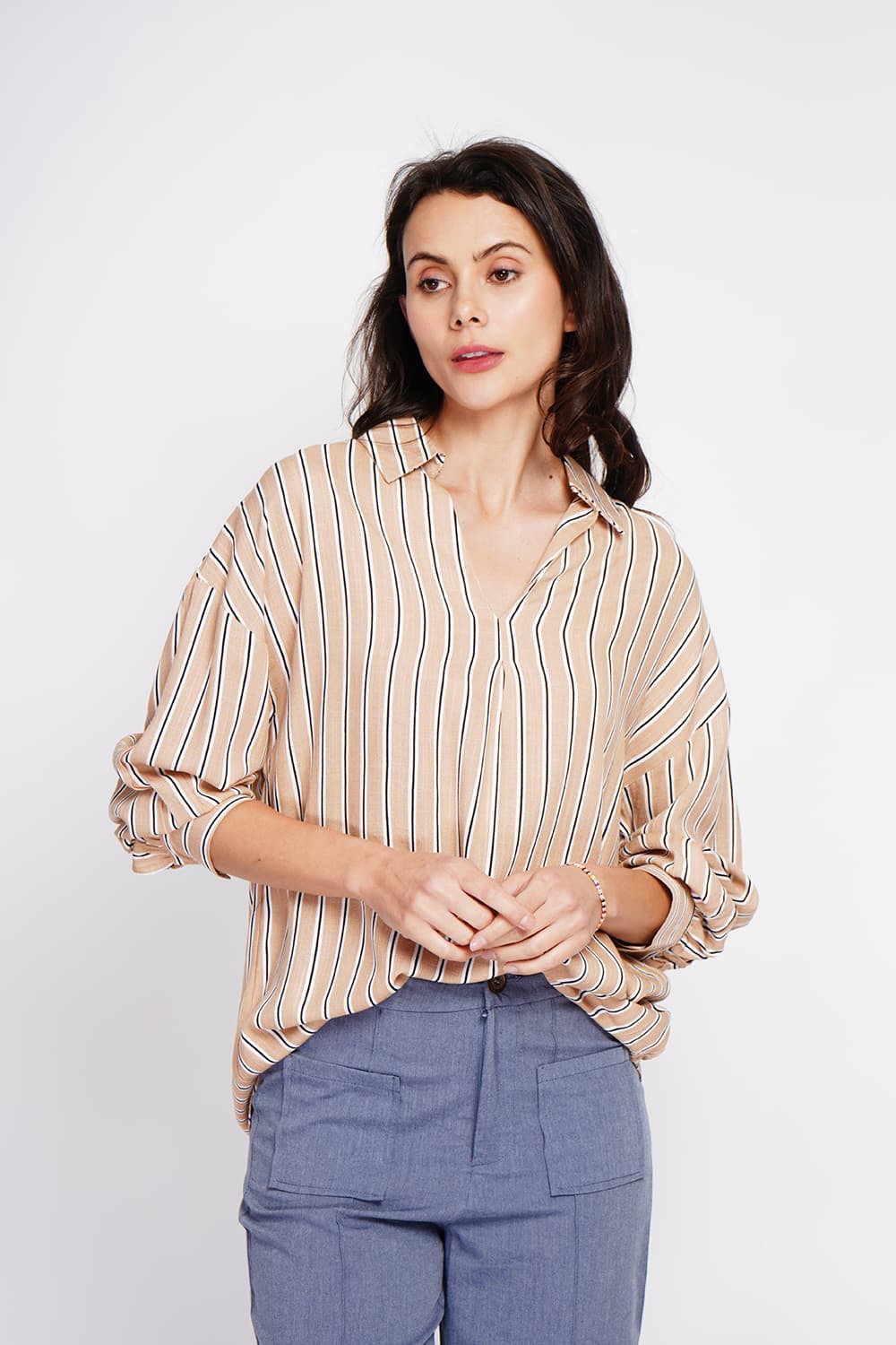 Tunique col chemise en trapèze en rayure à manche longueur 6
