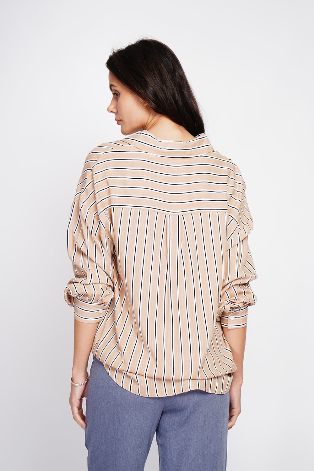 Tunique col chemise en trapèze en rayure à manche longueur 8