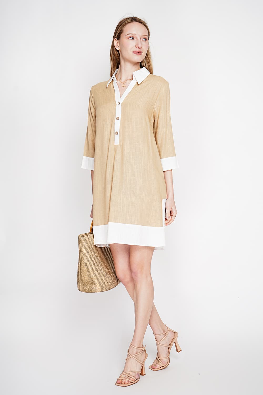 Robe chemise bi-couleur designer boutonnée devant à manche 3/4 1
