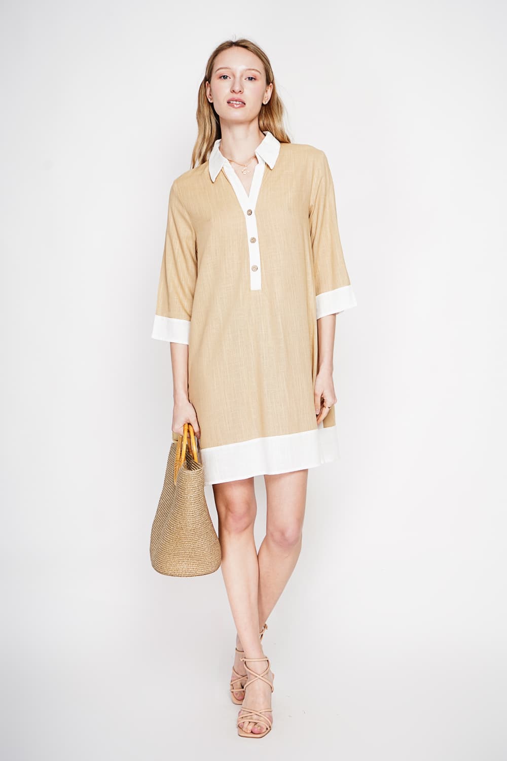 Robe chemise bi-couleur designer boutonnée devant à manche 3/4 3