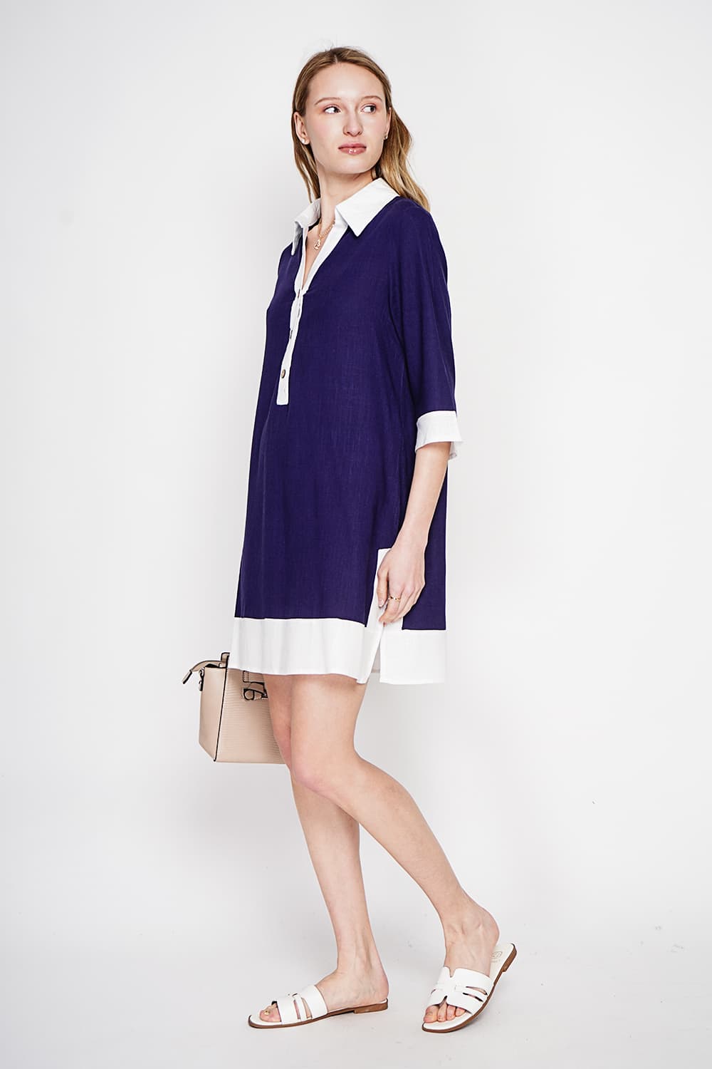 Robe chemise bi-couleur designer boutonnée devant à manche 3/4 6